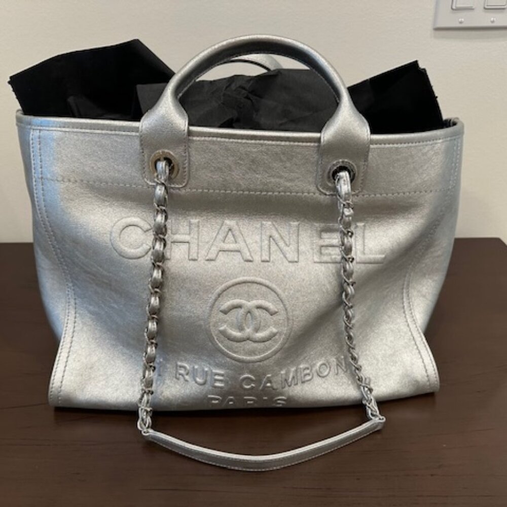 Chanel Silver Leather Deauville Shopping Bag